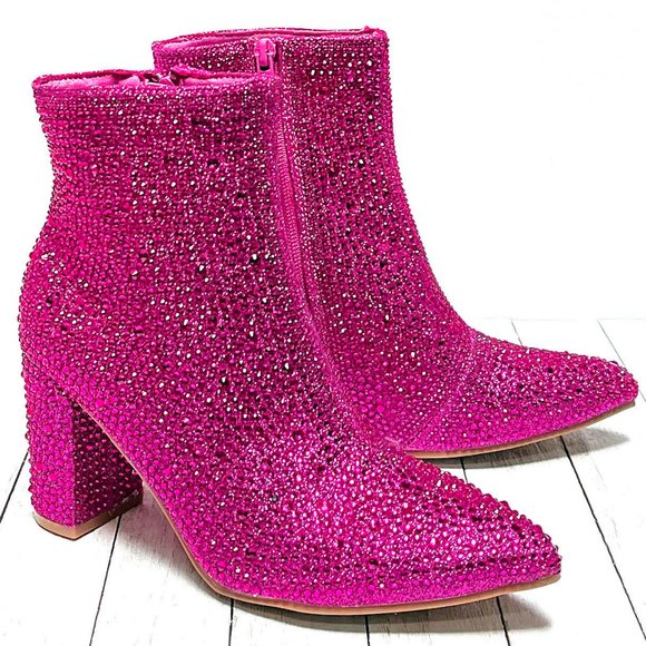 Restocked New Fuchsia Pink Rhinestone Pointed Toe Chunky Heel Ankle Boots Bootie - Picture 5 of 9